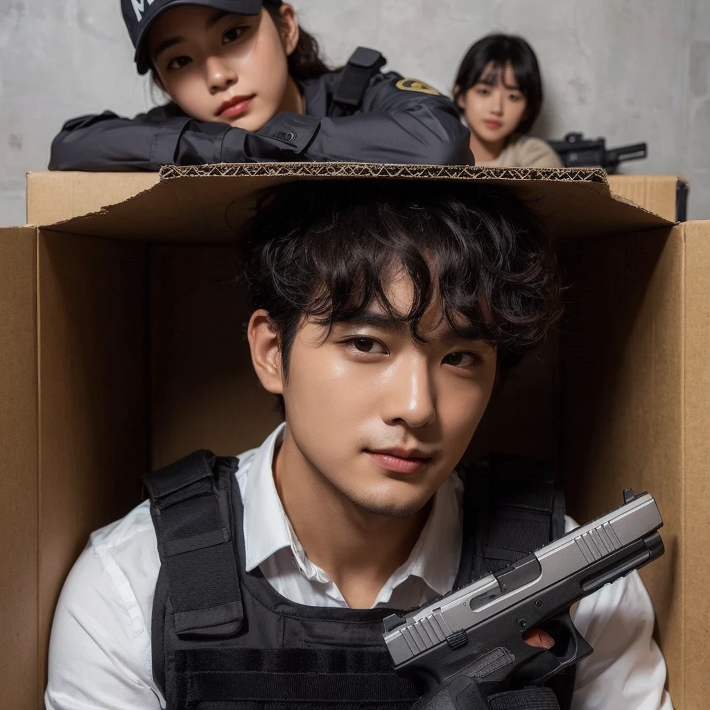 a stunning photo of a korean man clean face,with very short wavy curly hair,wearing white Shirt,kevlar with a replica Glock17 is hiding behind the boxwall.the opposite boxwall is a woman as detective wearing tactical kevlar is carrying a replica HS9,watching him.On top of the boxwall is a  wearing police chief clothes,she smiling and laying watching at the two of them from above.plain background,Cinematic,professional photography 