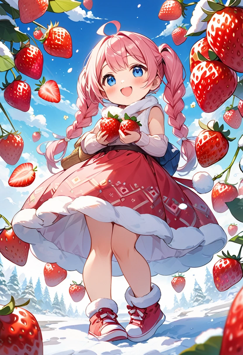 Highest quality、High resolution、Detailed Background、Beautiful face in every detail、Anatomically correct、Detailed facial expressions、fine grain、((full body, from below:1.8, side shot)), break　((One Girl:1.2)、(Chibi Girl:1.2))、Cute hair color、Big beautiful blue eyes、Fuller lips、Pink Lips、Braided twin tails、Ahoge、(Picking strawberries:1.2)、(Cute sleeveless winter clothes、Cute muffler、Long skirt、Cute sneakers)、break　((skip:1.2))、((stretch both arms horizontally:1.2))、I have nothing in my hands)、(Happy expression:1.2、Big smile:1.2)、Sweat、break　(The background is the winter sky、Winter clouds、Flower storm、Frog)