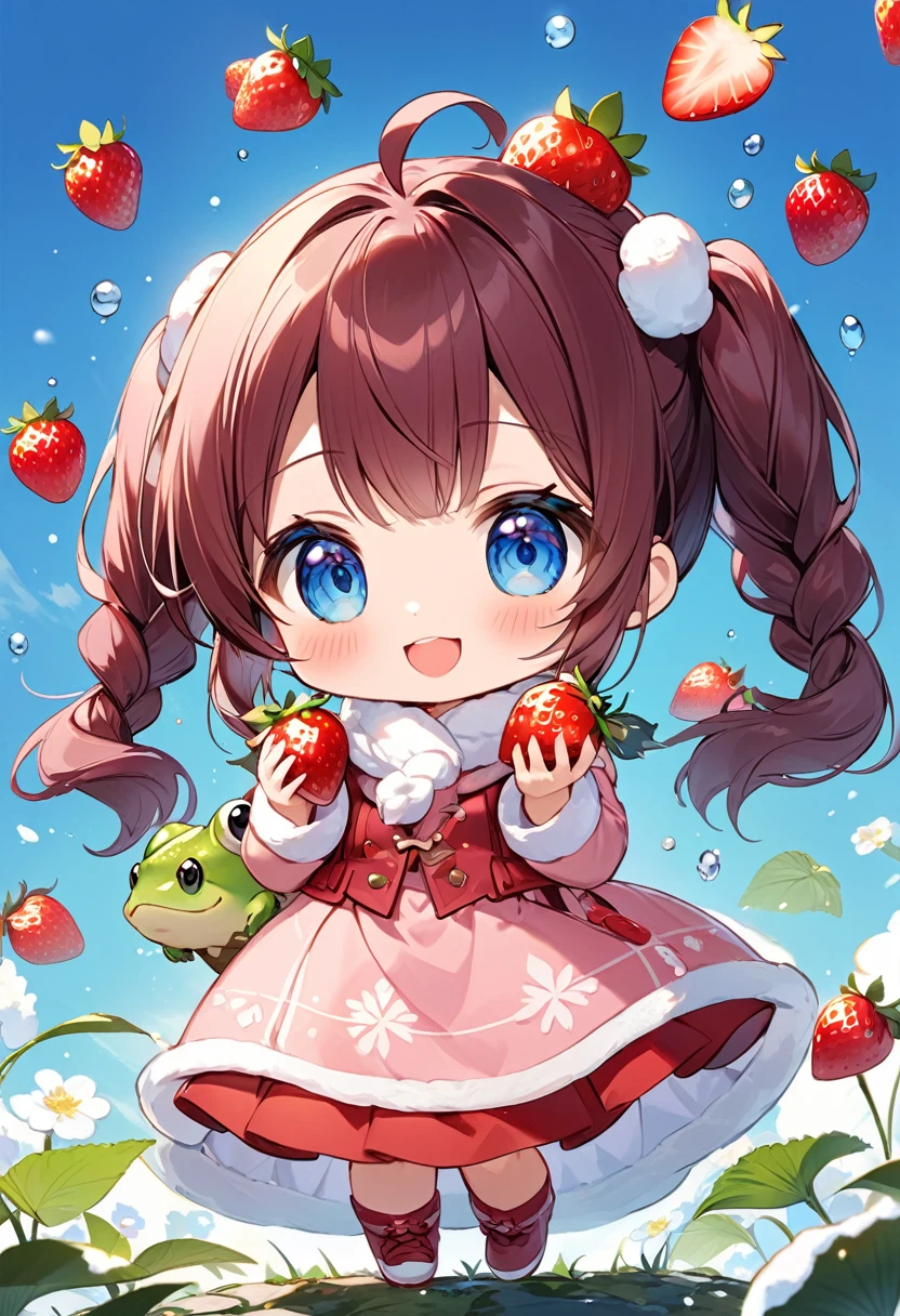 Highest quality、High resolution、Detailed Background、Beautiful face in every detail、Anatomically correct、Detailed facial expressions、fine grain、((full body, from below:1.8, side shot)), break　((One Girl:1.2)、(Chibi Girl:1.2))、Cute hair color、Big beautiful blue eyes、Fuller lips、Pink Lips、Braided twin tails、Ahoge、(Picking strawberries:1.2)、(Cute sleeveless winter clothes、Cute muffler、Long skirt、Cute sneakers)、break　((skip:1.2))、((stretch both arms horizontally:1.2))、I have nothing in my hands)、(Happy expression:1.2、Big smile:1.2)、Sweat、break　(The background is the winter sky、Winter clouds、Flower storm、Frog)