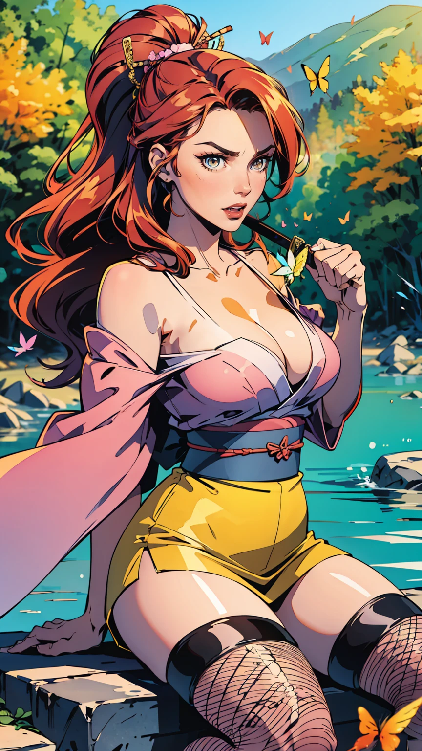 Fluttershy, Fluttershy of my little pony, big breastes, Lush , elastic , exuberant hair, rose hair, samurai, kimono , Serious, Katana in hand, fishnet stockings, butterfly hairpin, yellow pink outfit, a lot of yellow, a lot of pink, beste-Qualit, tuned face, Very detailed, Butterflies, animals around, Nature, river and stones, Sakura, Sunny day