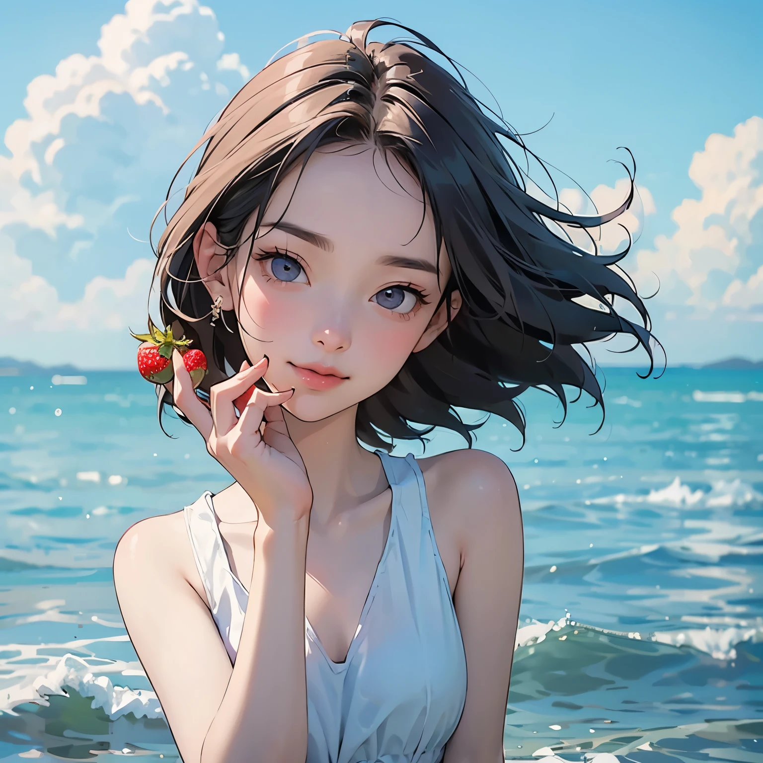 Summer seaside scene photo、One girl, alone、(Pick up a single red strawberry in your hand and bring it close to your mouth:1.4)、17 years old、Beautiful Face、Short Hair、Blowing in the Wind、Wearing a white sleeveless mini dress、Frolic with the waves、Blue sky and white clouds、Beautiful sea、Photorealism、Detailed Description、Artistic photography、(Highest quality, masterpiece, High resolution)、4K、wallpaper、