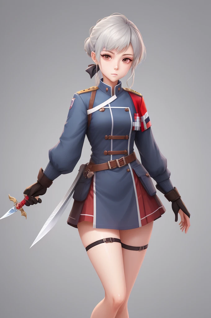Field Medic Woman, masterpiece, high quality, Game character design, Anime illustration style, simple flat background, (Little:0.9), whole body, Diagonal angle, View your viewers, Dynamic pose, Holding a dagger, Text only,