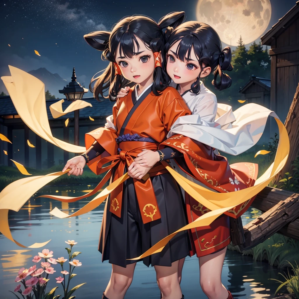最high quality、high quality、10 years old、Japan in the Mythical Age、Embroidered national costume、Bride Girl、Moonlight meadow、moonlight、Long dress