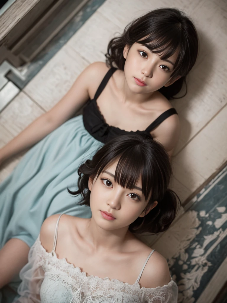 (lying prone),(from above:2),(Highest quality, Very detailed, masterpiece:1.2), 1 female, Very thin body, length, Thin legs, ((Black wavy short hair:1.2)), ((Thick and fluffy bangs)), Very detailedな顔,A faint smile, small, Thin Nose, small thin mouth, Extremely sharply focused eyes, Japanese, Beautiful Face, Realistic eyes, Beautiful and beautiful eyes, Realistic Skin, Beautiful Skin, charm, (Lively Faces), (flowing summer dress camisole evening), Creepy and unique hairstyles, High resolution, Vibrant color palette, , Tim Burton's signature dark shadows and strange details, ,background