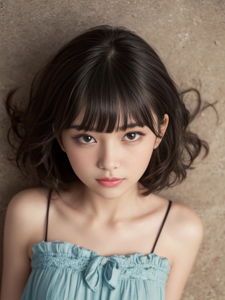 (lying prone),(from above:2),(Highest quality, Very detailed, masterpiece:1.2), 1 female, Very thin body, length, Thin legs, ((Black wavy short hair:1.2)), ((Thick and fluffy bangs)), Very detailedな顔,A faint smile, small, Thin Nose, small thin mouth, Extremely sharply focused eyes, Japanese, Beautiful Face, Realistic eyes, Beautiful and beautiful eyes, Realistic Skin, Beautiful Skin, charm, (Lively Faces), (flowing summer dress camisole evening), Creepy and unique hairstyles, High resolution, Vibrant color palette, , Tim Burton's signature dark shadows and strange details, ,background