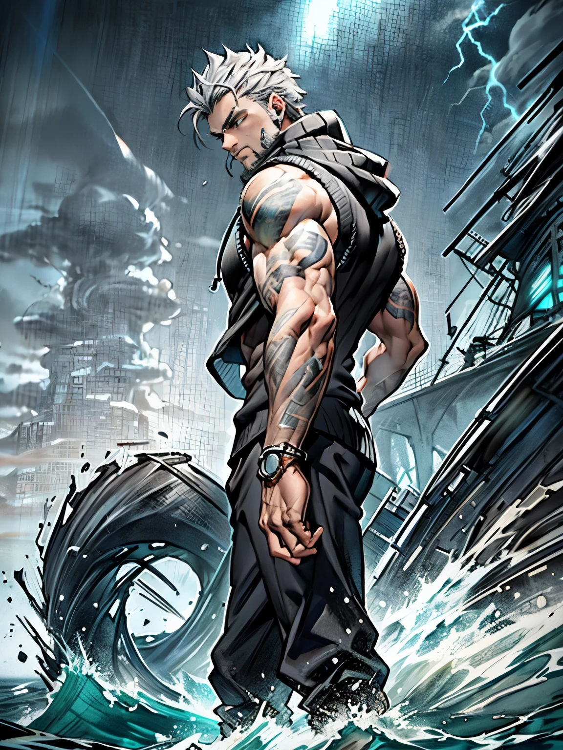 1boys, 26 Years old, Serious face, (((muscular))), ((black sleeveless sweater, hoodie)), black pants, gray hair, standing in ocean, storm weather,