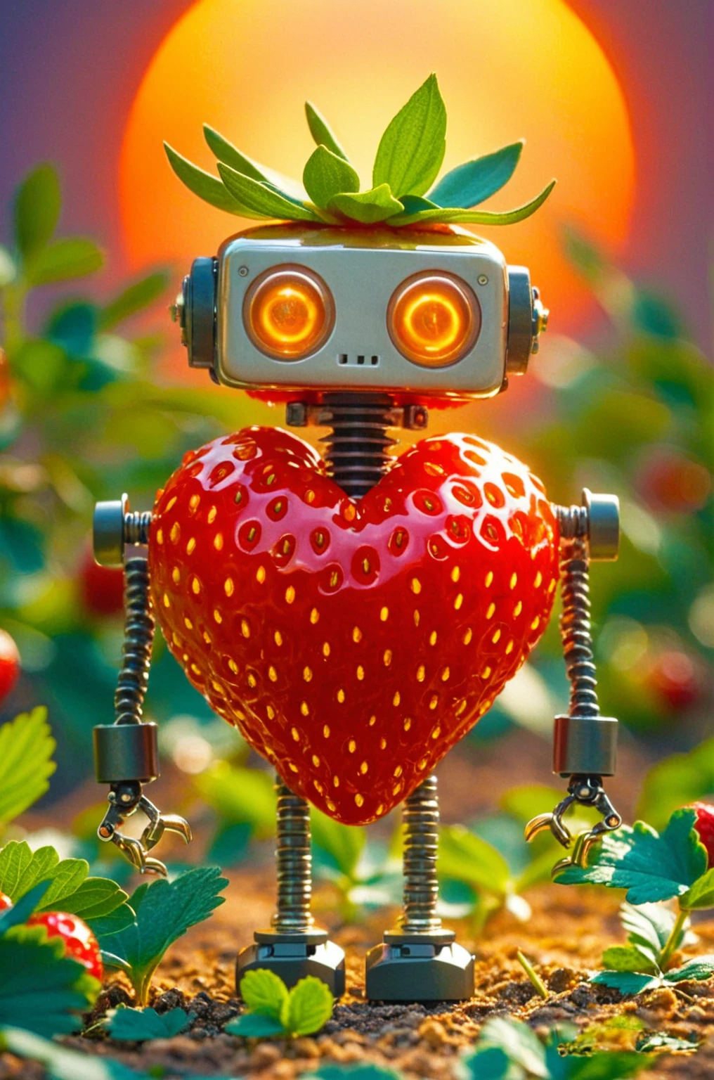 Visualize a tiny robot exhibiting the characteristics of a strawberry. It features shades of rich, intense red and is equipped with minuscule seed-like sensors. The robot's body is shaped to mimic a plump, succulent strawberry, having a round and gently heart-shaped structure. The limbs of the robot are rounded at the ends and flexible, intending to look like the green foliage and stem that accompany a strawberry. It possesses 'eyes' that glow with a gentle, warm light that mirrors the colours of a setting sun radiating off a fresh strawberry. Its function is aligned with the purpose of triggering happiness, akin to the delightful flavor of the fruit it represents. This image should not contain any forms of text.