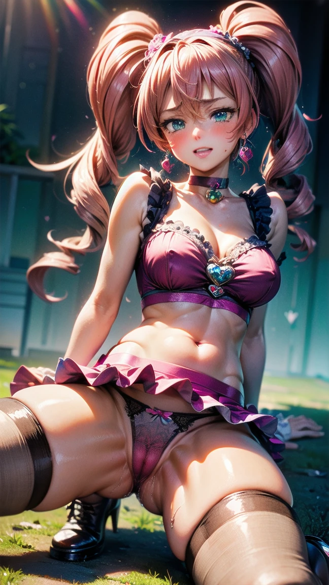 ((City Park)), Large Breasts, jambu grass, (Very nice and beautiful:1.1), (Perfect detail:1.1), (Detailed eyes and face:1.3), (Sexy pose: 1.2), Cure Rhythm, Grey pantyhose, Brown pantyhose, pinkhair, Long Hair, Wide ponytail, Green Eyes, white choker, choker, Heart Earrings, ribbon, Cure Rhythmドレス, puffy short sleeve, brooch, Arm warmers, Wrist cuff, White boots, Knee Boots,(See-through panties:1.5),(Ribbon Bondage:1.2),(Drill in the crotch),(See-through pink panties),(Thin string panties:1.2),(Non-wet panties),