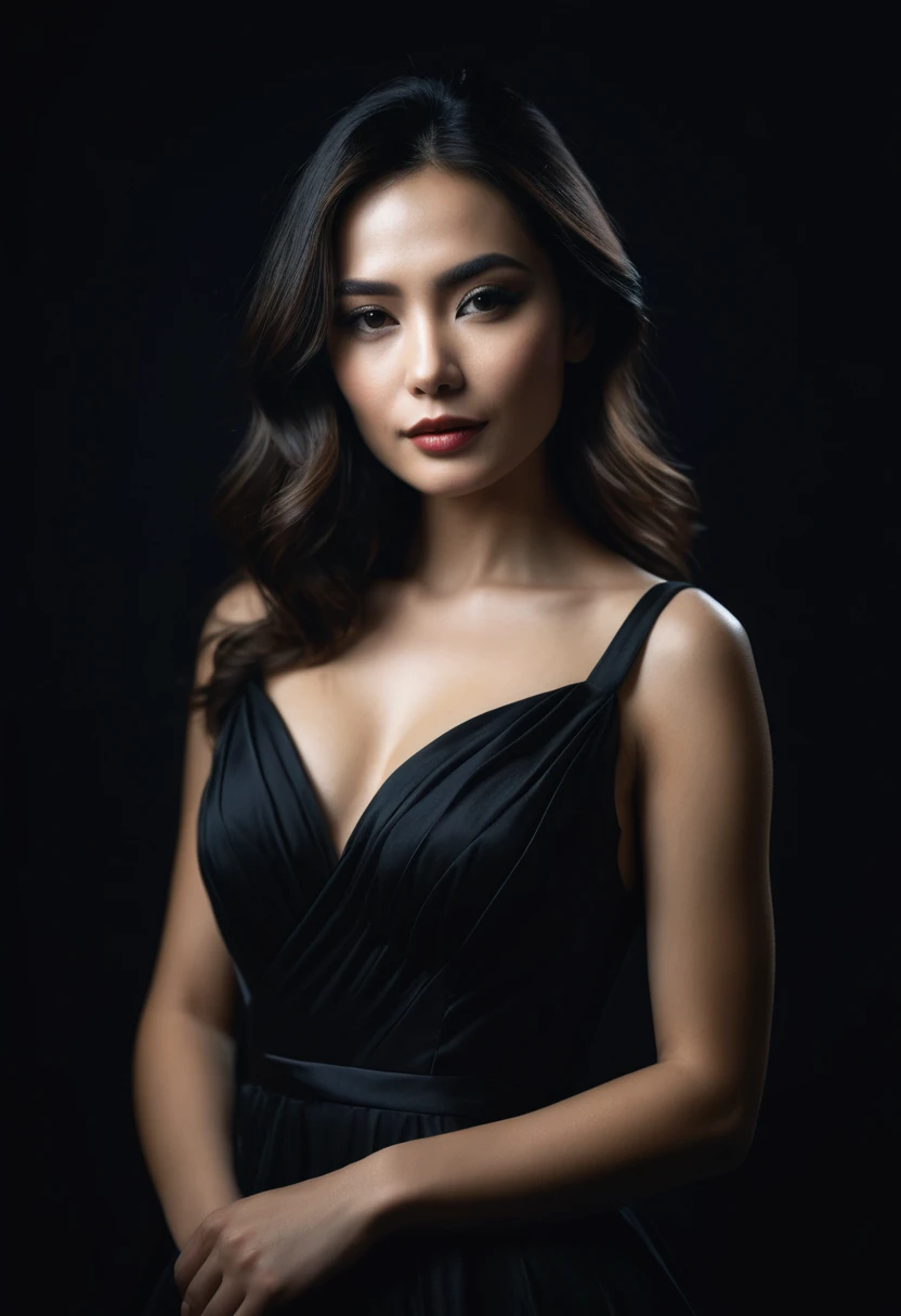 dark shot, film grain, A close up of a woman in a beautiful black dress and a black background, ultra clear, high quality