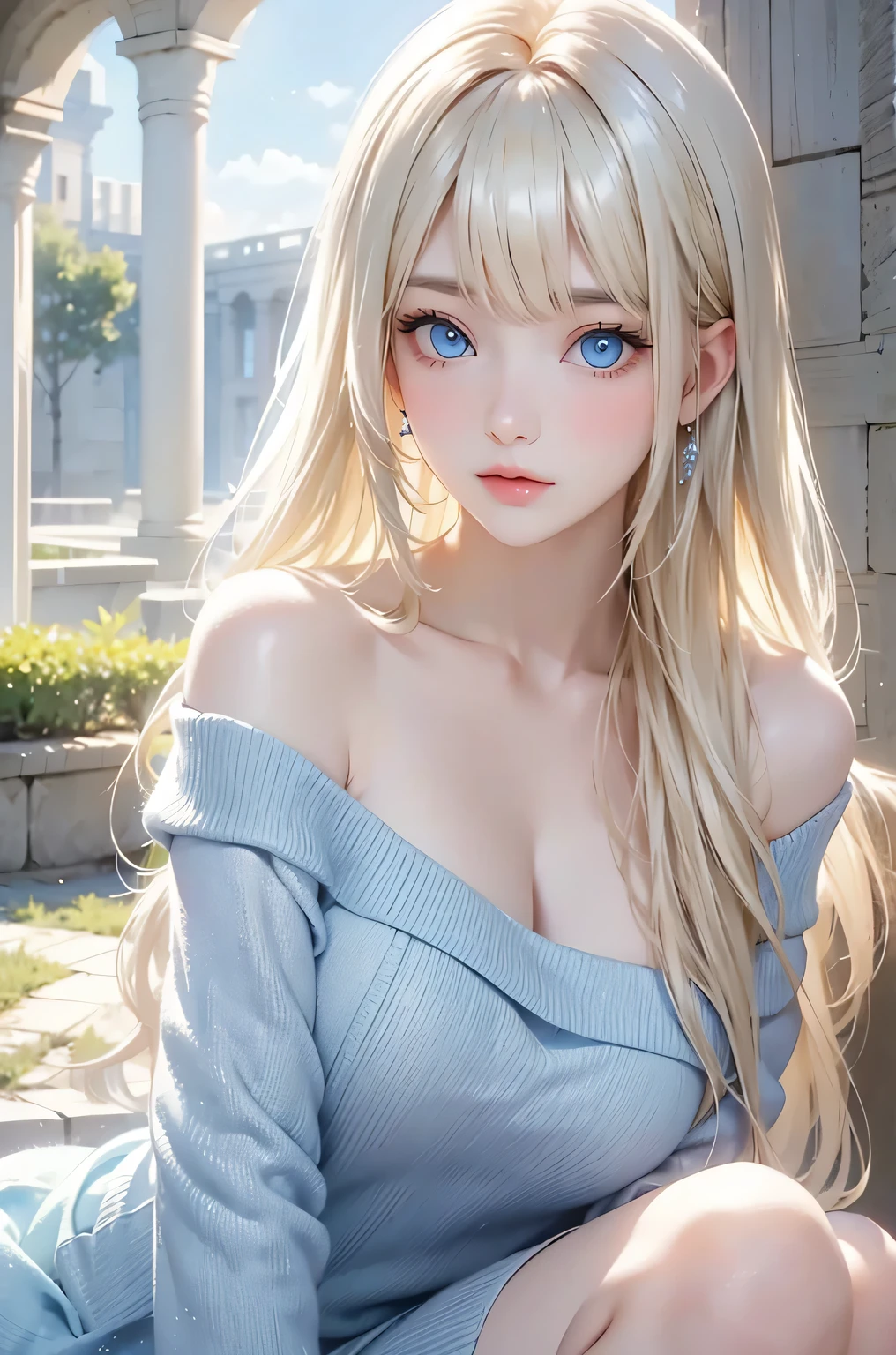 Beautiful white and shining skin、Blonde hair changes color depending on how the light hits it.、Long bangs obstruct the view、Highlights of cheek luster、Sexy, very beautiful, adorable, cute, gorgeous face、The most beautiful face in the world、Super long and gorgeous blonde hair、Smooth straight hair、big, light blue eyes shimmering、Beautiful Bangs、Beautiful and cute 16 year old girl、medium breasts, from side, Off-the-shoulder knit sweater、background:GB, ruins