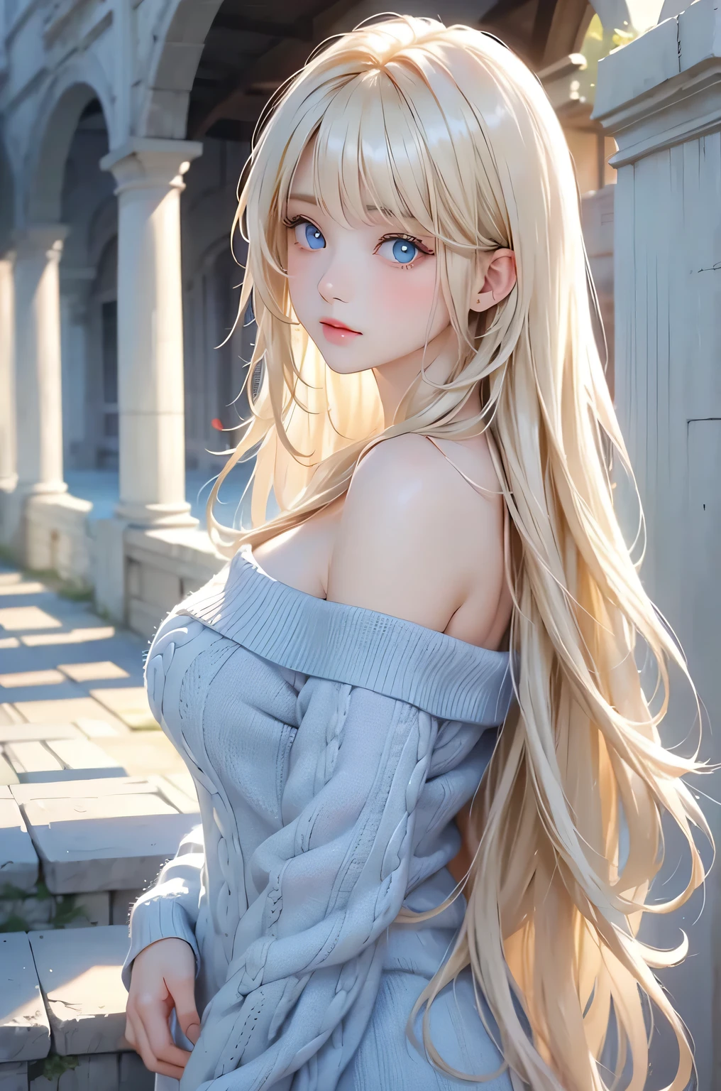 Beautiful white and shining skin、Blonde hair changes color depending on how the light hits it.、Long bangs obstruct the view、Highlights of cheek luster、Sexy, very beautiful, adorable, cute, gorgeous face、The most beautiful face in the world、Super long and gorgeous blonde hair、Smooth straight hair、big, light blue eyes shimmering、Beautiful Bangs、Beautiful and cute 16 year old girl、medium breasts, from side, Off-the-shoulder knit sweater、background:GB, ruins