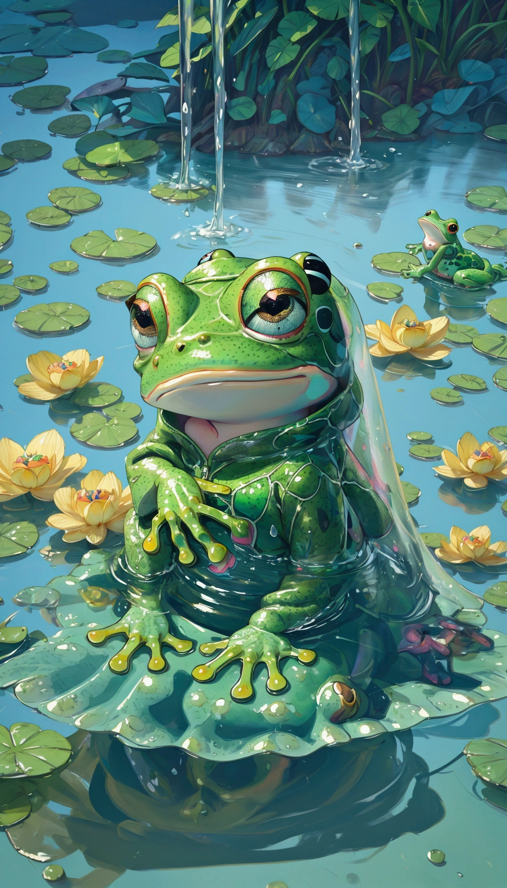beautiful girl that is sitting in the water, psychedelic frog, cute frog, digital painting highly detailed, water dripping off him, frog, adorable digital painting, froggy, procreate illustration, ultra realistic 3d illustration, cute detailed digital art, 3 d render stylized, stylized 3d render, 3d render digital art, alien frog
