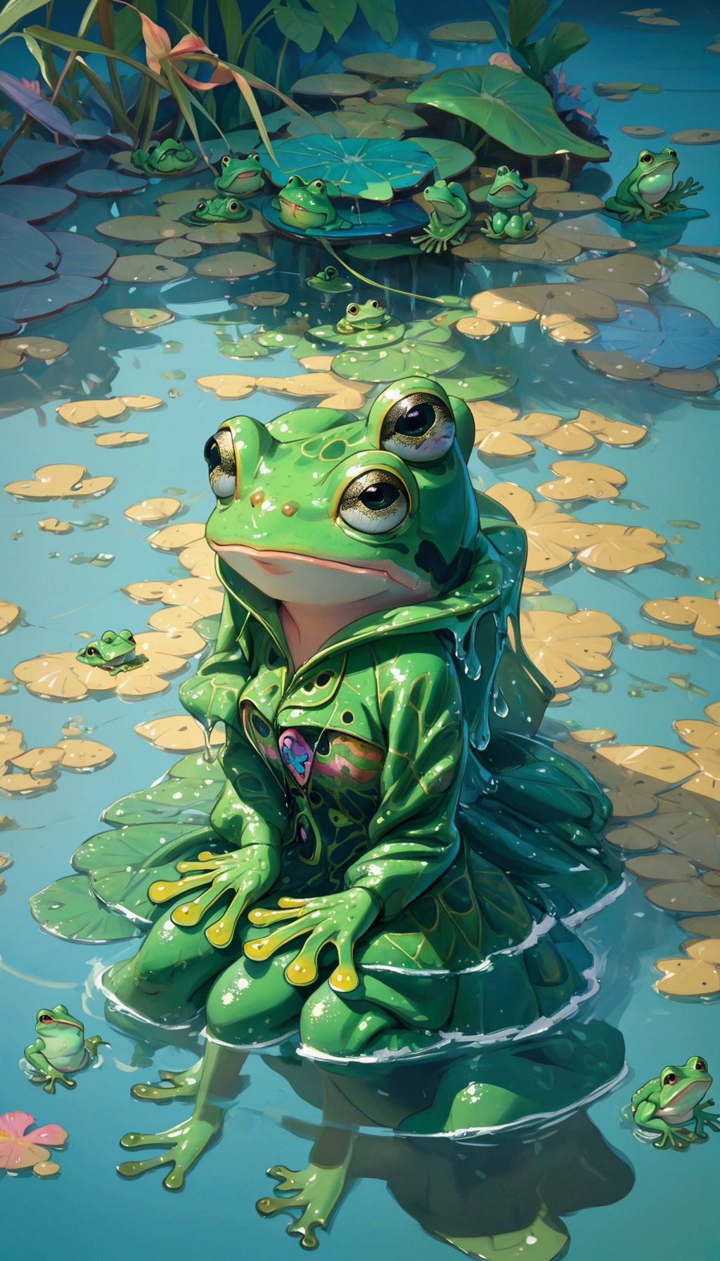 beautiful girl that is sitting in the water, psychedelic frog, cute frog, digital painting highly detailed, water dripping off him, frog, adorable digital painting, froggy, procreate illustration, ultra realistic 3d illustration, cute detailed digital art, 3 d render stylized, stylized 3d render, 3d render digital art, alien frog
