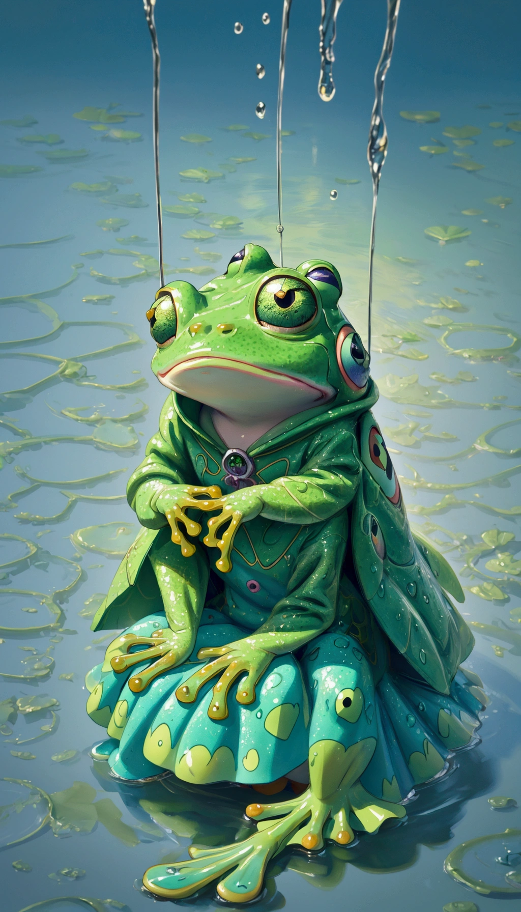 beautiful girl that is sitting in the water, psychedelic frog, cute frog, digital painting highly detailed, water dripping off him, frog, adorable digital painting, froggy, procreate illustration, ultra realistic 3d illustration, cute detailed digital art, 3 d render stylized, stylized 3d render, 3d render digital art, alien frog