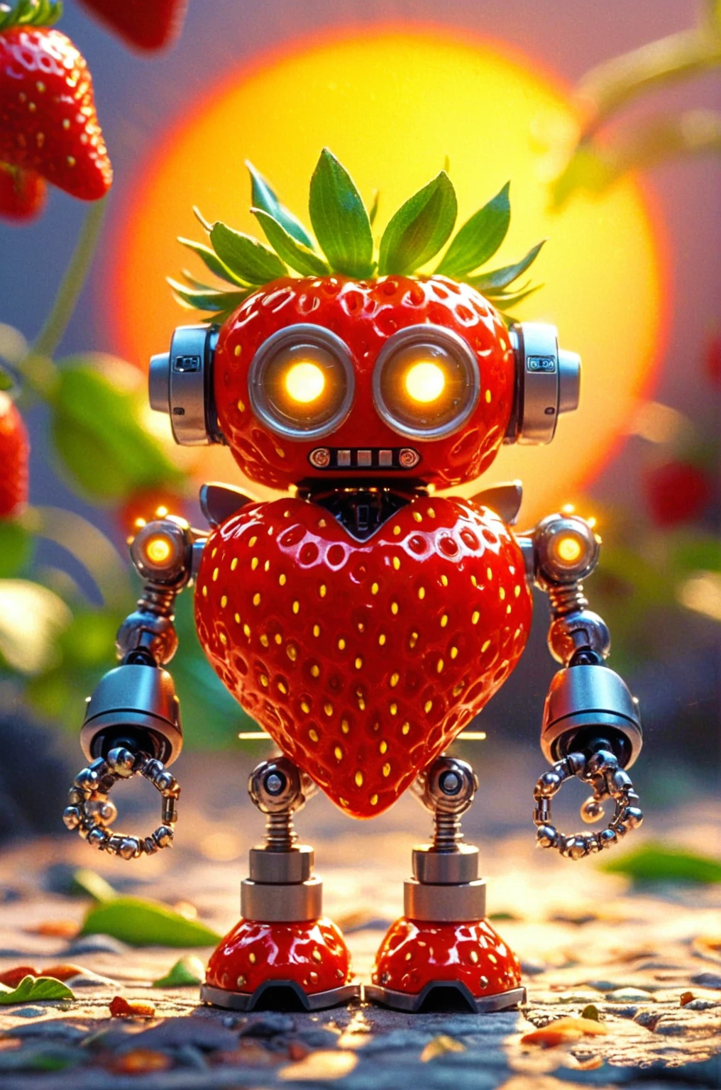 Visualize a tiny robot exhibiting the characteristics of a strawberry. It features shades of rich, intense red and is equipped with minuscule seed-like sensors. The robot's body is shaped to mimic a plump, succulent strawberry, having a round and gently heart-shaped structure. The limbs of the robot are rounded at the ends and flexible, intending to look like the green foliage and stem that accompany a strawberry. It possesses 'eyes' that glow with a gentle, warm light that mirrors the colours of a setting sun radiating off a fresh strawberry. Its function is aligned with the purpose of triggering happiness, akin to the delightful flavor of the fruit it represents. This image should not contain any forms of text.