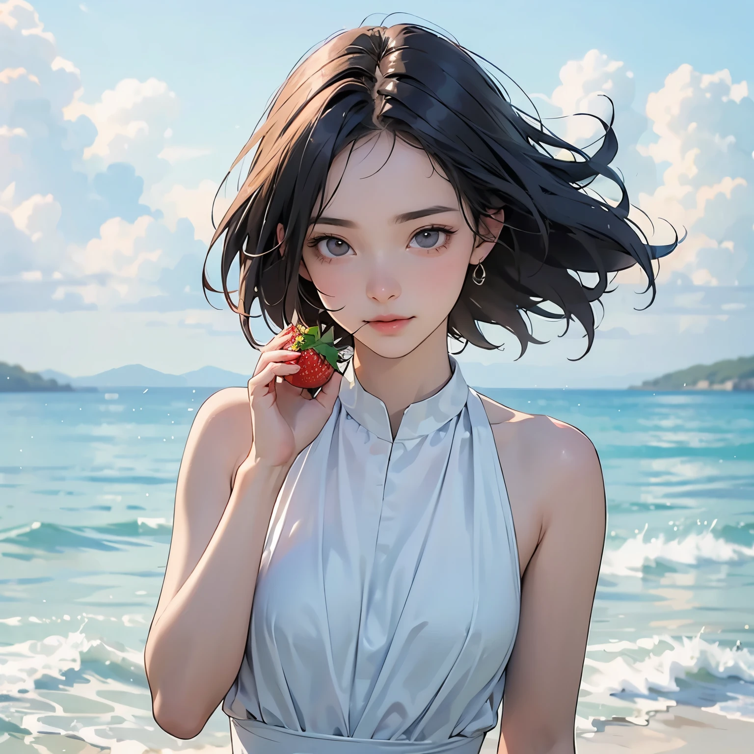 Summer seaside scene photo、One girl, alone、(Pick up a single red strawberry in your hand and bring it close to your mouth:1.4)、17 years old、Beautiful Face、Short Hair、Blowing in the Wind、Wearing a white sleeveless mini dress、Frolic with the waves、Blue sky and white clouds、Beautiful sea、Photorealism、Detailed Description、Artistic photography、(Highest quality, masterpiece, High resolution)、4K、wallpaper、