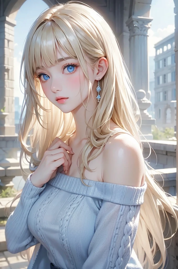 Beautiful white and shining skin、Blonde hair changes color depending on how the light hits it.、Long bangs obstruct the view、Highlights of cheek luster、Sexy, very beautiful, adorable, cute, gorgeous face、The most beautiful face in the world、Super long and gorgeous blonde hair、Smooth straight hair、big, light blue eyes shimmering、Beautiful Bangs、Beautiful and cute 16 year old girl、medium breasts, from side, Off-the-shoulder knit sweater、background:GB, ruins