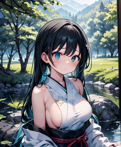 (masterpiece), (Highest quality), Ultra-high resolution, Sharp focus, ((1 female, alone)), Upper Body, hatsune miku,beat the Japanese drum,in the same way,sarashi,Defending honor, Perfect feminine face,stage,Beautiful breasts,In the meadow,Large Breasts、Long black hair,Large Breasts