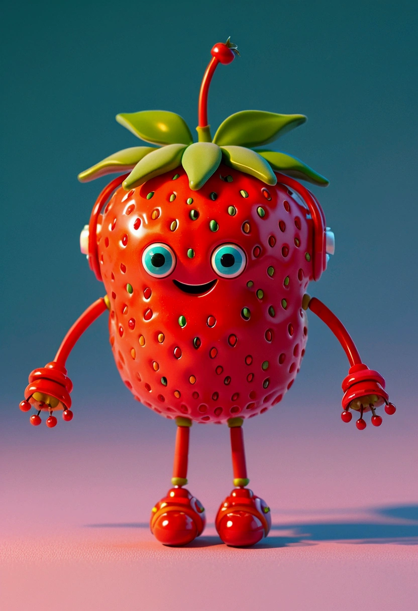 Visualize a tiny robot exhibiting the characteristics of a strawberry. It features shades of rich, intense red and is equipped with minuscule seed-like sensors. The robot's body is shaped to mimic a plump, succulent strawberry, having a round and gently heart-shaped structure. The limbs of the robot are rounded at the ends and flexible, intending to look like the green foliage and stem that accompany a strawberry. It possesses 'eyes' that glow with a gentle, warm light that mirrors the colours of a setting sun radiating off a fresh strawberry. Its function is aligned with the purpose of triggering happiness, akin to the delightful flavor of the fruit it represents. This image should not contain any forms of text.