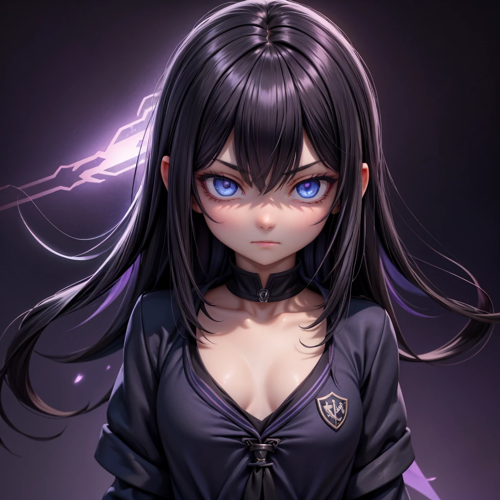 8k, high resoultion, an evil looking girl with blue eyes and long dark hair and a small chest, dark school atmosphere, dark colours, purple-black shaded, detailed eyes, smooth skin, school uniform, close up with full upper body in frame