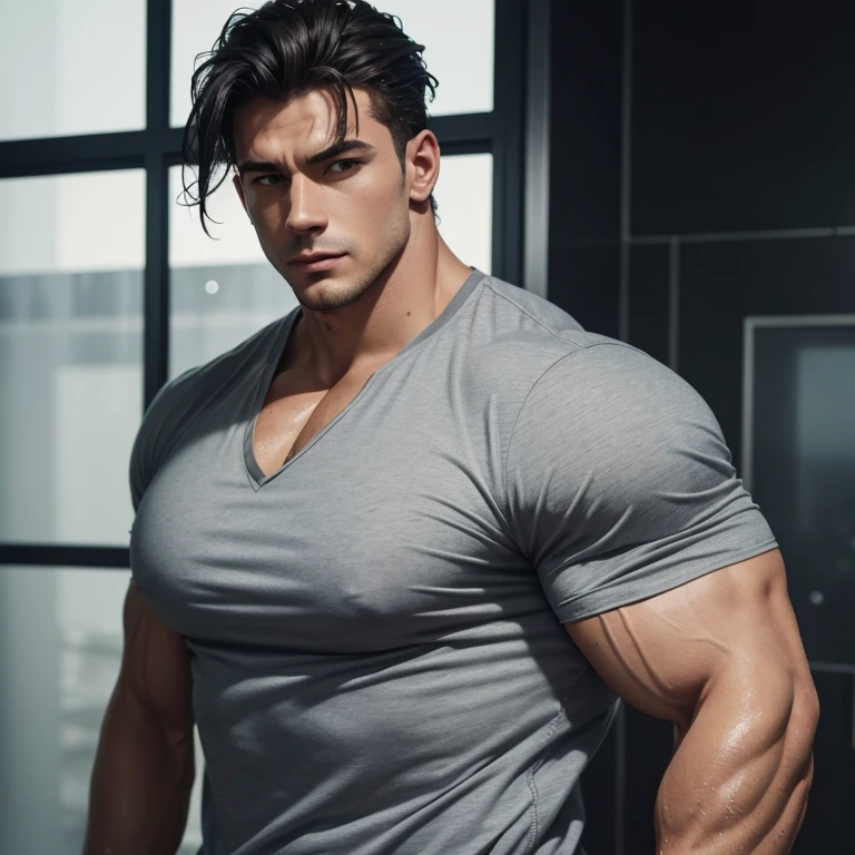 a young and very handsome man, gray shirt, extremely handsome, wet hair, very muscular, with very large muscles, defined and muscular body