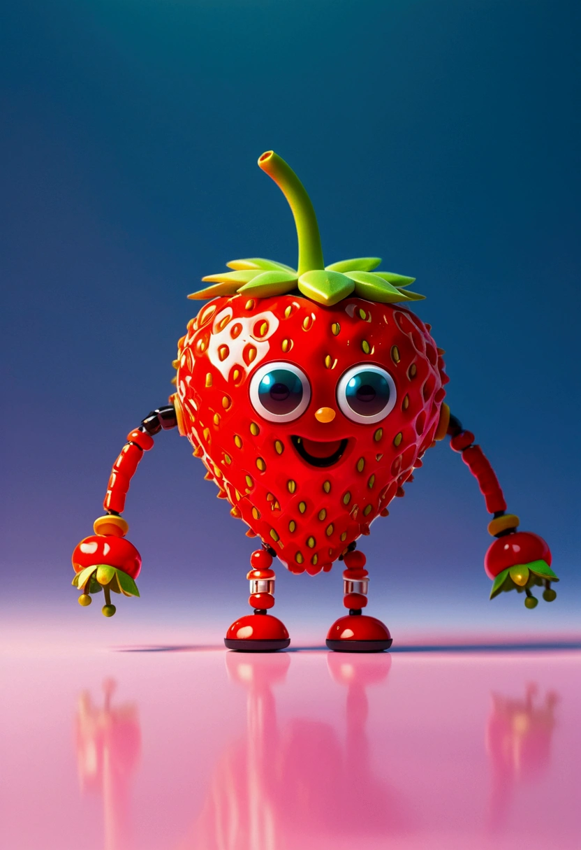 Visualize a tiny robot exhibiting the characteristics of a strawberry. It features shades of rich, intense red and is equipped with minuscule seed-like sensors. The robot's body is shaped to mimic a plump, succulent strawberry, having a round and gently heart-shaped structure. The limbs of the robot are rounded at the ends and flexible, intending to look like the green foliage and stem that accompany a strawberry. It possesses 'eyes' that glow with a gentle, warm light that mirrors the colours of a setting sun radiating off a fresh strawberry. Its function is aligned with the purpose of triggering happiness, akin to the delightful flavor of the fruit it represents. This image should not contain any forms of text.