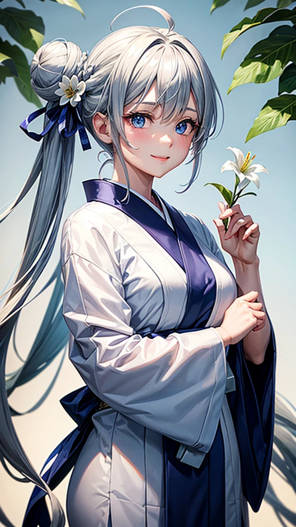 Anime character, half body only, upper body only, half body portrait, posing like a model, good looking, beautiful, full of details, aesthetic, hd, masterpiece art, amazing work. Solo, young girl, hair in bun, one bun, just one bun, flower accessories in bun, bluish gray colored hair, Lady, blue eyes, smile, elegant look, elegant carrying, white Japanese kimono, blue decoration, Lily flower theme, eyes facing camera, there are no hands to hinder the appearance, hands down, simple background.