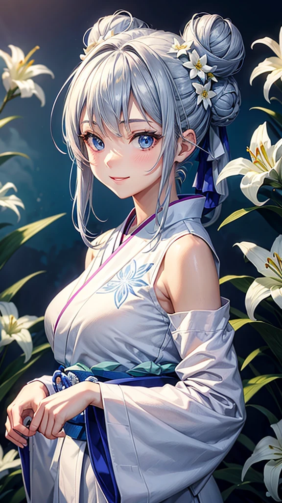 Anime character, half body only, upper body only, half body portrait, posing like a model, good looking, beautiful, full of details, aesthetic, hd, masterpiece art, amazing work. Solo, young girl, hair in bun, one bun, just one bun, flower accessories in bun, bluish gray colored hair, Lady, blue eyes, smile, elegant look, elegant carrying, white Japanese kimono, blue decoration, Lily flower theme, eyes facing camera, there are no hands to hinder the appearance, simple background.