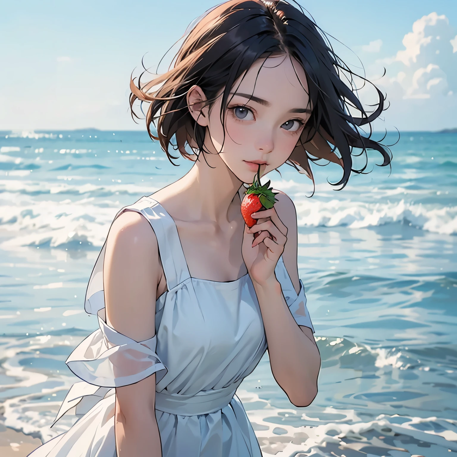 Summer seaside scene photo、One girl, alone、(Pick up a single red strawberry in your hand and bring it close to your mouth:1.4)、17 years old、Beautiful Face、Short Hair、Blowing in the Wind、Wearing a white sleeveless mini dress、Frolic with the waves、Blue sky and white clouds、Beautiful sea、Photorealism、Detailed Description、Artistic photography、(Highest quality, masterpiece, High resolution)、4K、wallpaper、