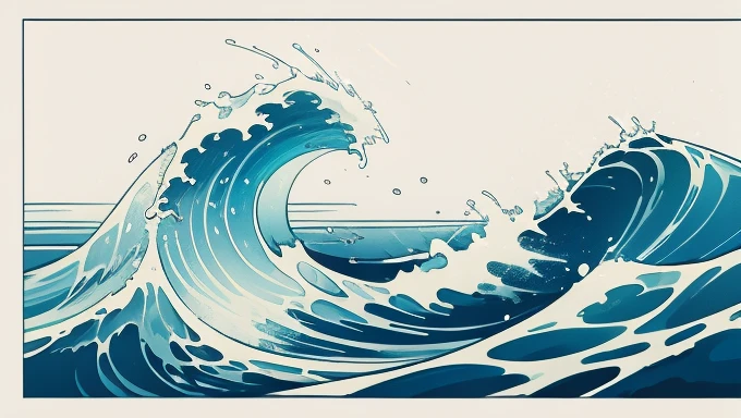 Wave design, Simple, pattern, Can draw, 美しいWave design, Japanese style、Ukiyo-e、No border、There is momentum、Monotonous colors、White background、Only waves