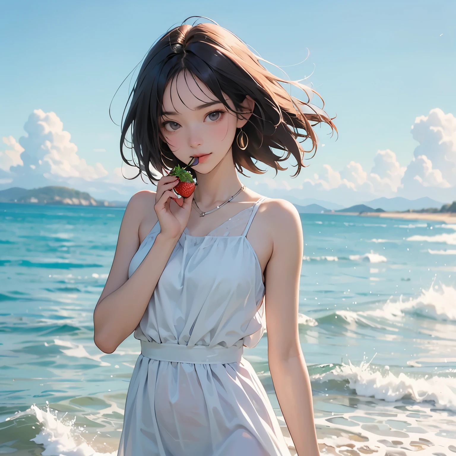 Summer seaside scene photo、One girl, alone、(Pick up a single red strawberry in your hand and bring it close to your mouth:1.4)、17 years old、Beautiful Face、Short Hair、Blowing in the Wind、Wearing a white sleeveless mini dress、Frolic with the waves、Blue sky and white clouds、Beautiful sea、Photorealism、Detailed Description、Artistic photography、(Highest quality, masterpiece, High resolution)、4K、wallpaper、