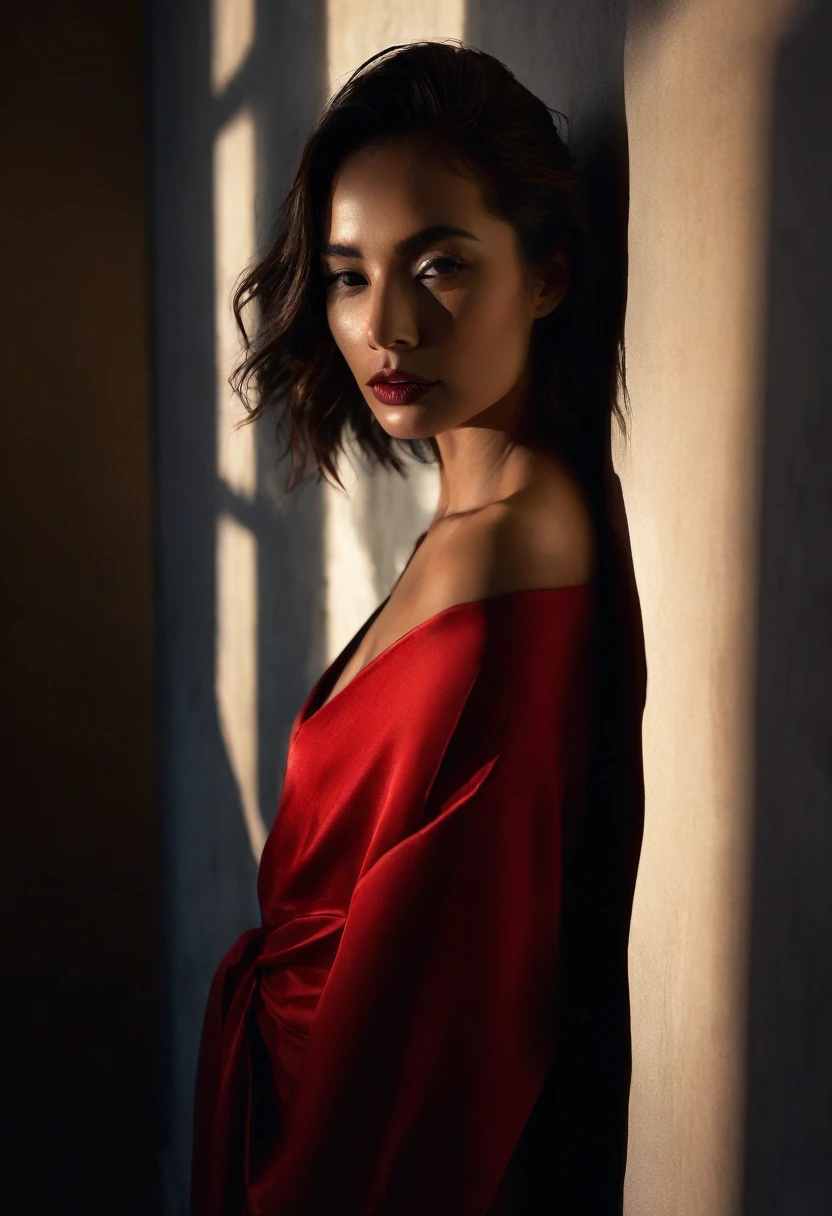 woman bathed in soft light, leaning against a wall, looking into the camera in a moment of raw emotion. Her attire is minimal, accentuating her beauty with the dramatic shadows cast by the lighting. The background is stark, with sharp contrasts highlighting the contours of her form. The red and black palette intensifies the mood, evoking a sense of mystery and allure. Subtle film grain and meticulous shading add depth and texture, emphasizing the emotional gravity of the scene. The lighting creates a chiaroscuro effect, accentuating her expressive pose and the intense atmosphere.
