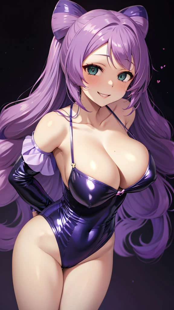 Erotic Pokemon Mimosa, tall, purple hair, curly hair, long twin tails, big breasts, mature married woman Light blue sequin rubber suit off shoulder black background heart bedroom dark theme evil fall temptation excitement condescending smile sexy pose upper body emphasis upward gaze