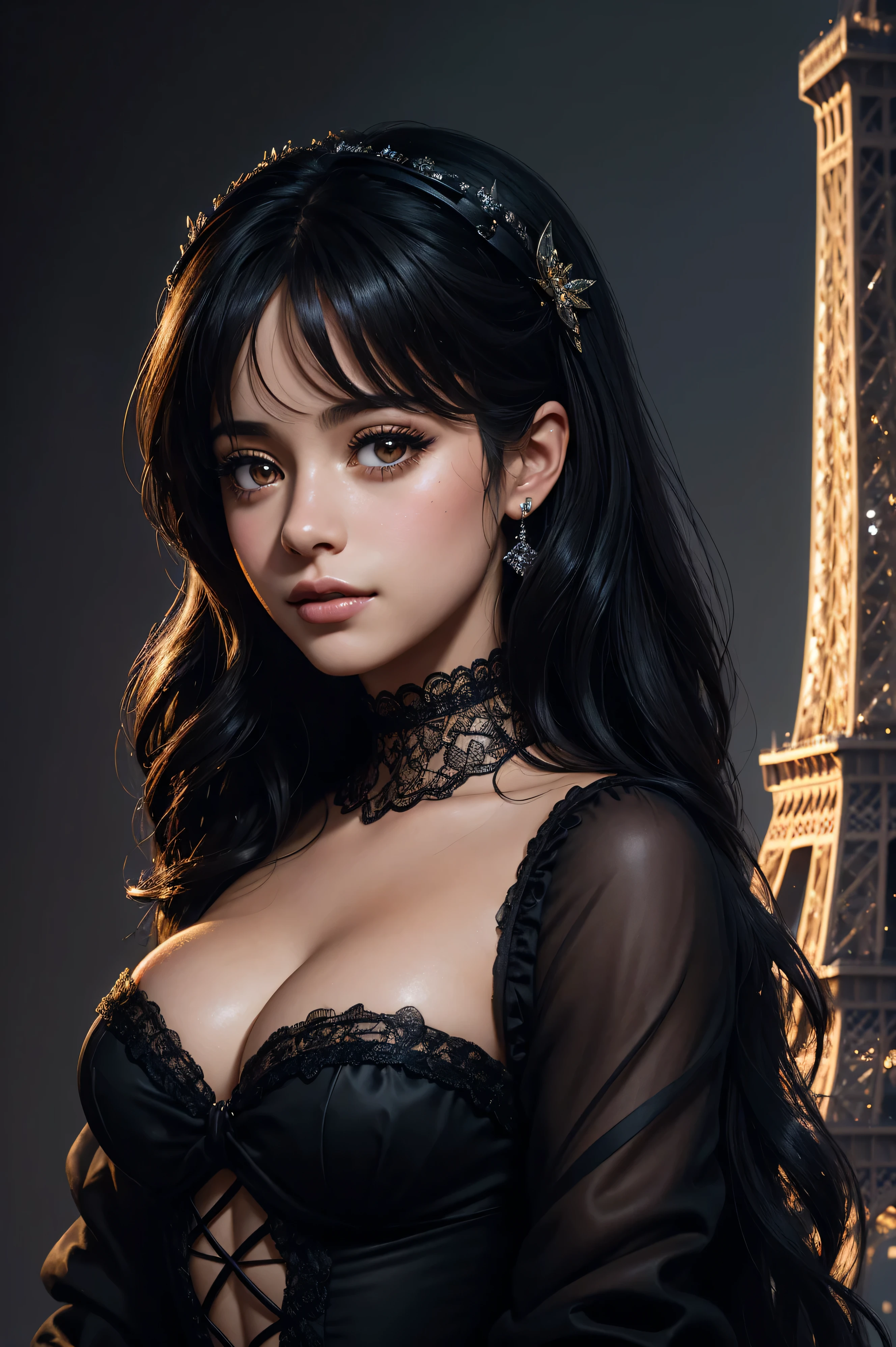 portrait Camila Cabello, wearing black french maid costume, against the background of the Eiffel Tower, character portrait, 6 9 9 0 s, wavy hair, intricate, elegant, highly detailed, digital painting, artstation, concept art, smooth, sharp focus, illustration, art by wlop, charlie bowater and alexandra fomina, 36k, glittering, shining