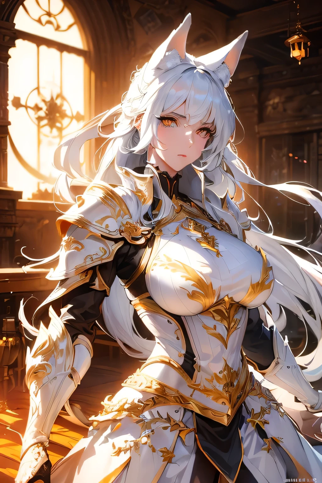 A woman with orange eyes, sharp face, piercing gaze, large fox ears, five white fox tails, flowing white hair, in white plate armor, (best quality,4k,8k,highres,masterpiece:1.2),ultra-detailed,(realistic,photorealistic,photo-realistic:1.1), intricate details, cinematic lighting, dramatic lighting, dramatic pose