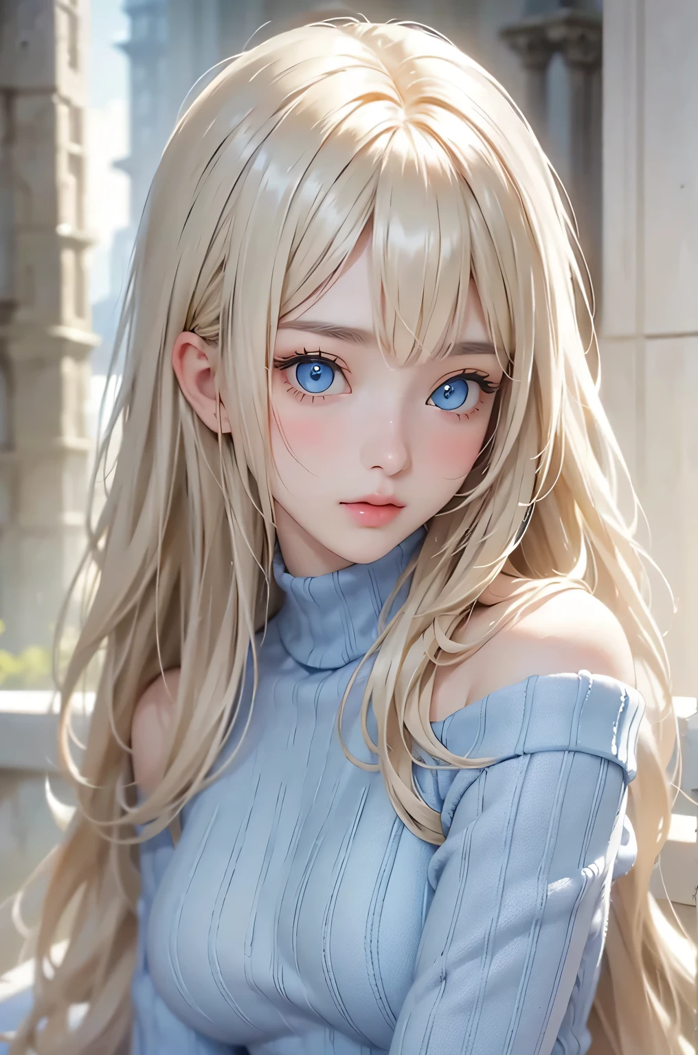 Beautiful white and shining skin、Blonde hair changes color depending on how the light hits it.、Long bangs obstruct the view、Highlights of cheek luster、Sexy, very beautiful, adorable, cute, gorgeous face、The most beautiful face in the world、Super long and gorgeous blonde hair、Smooth straight hair、big, light blue eyes shimmering、Beautiful Bangs、Beautiful and cute 16 year old girl、medium breasts, from side, Off-the-shoulder knit sweater、background:GB, ruins