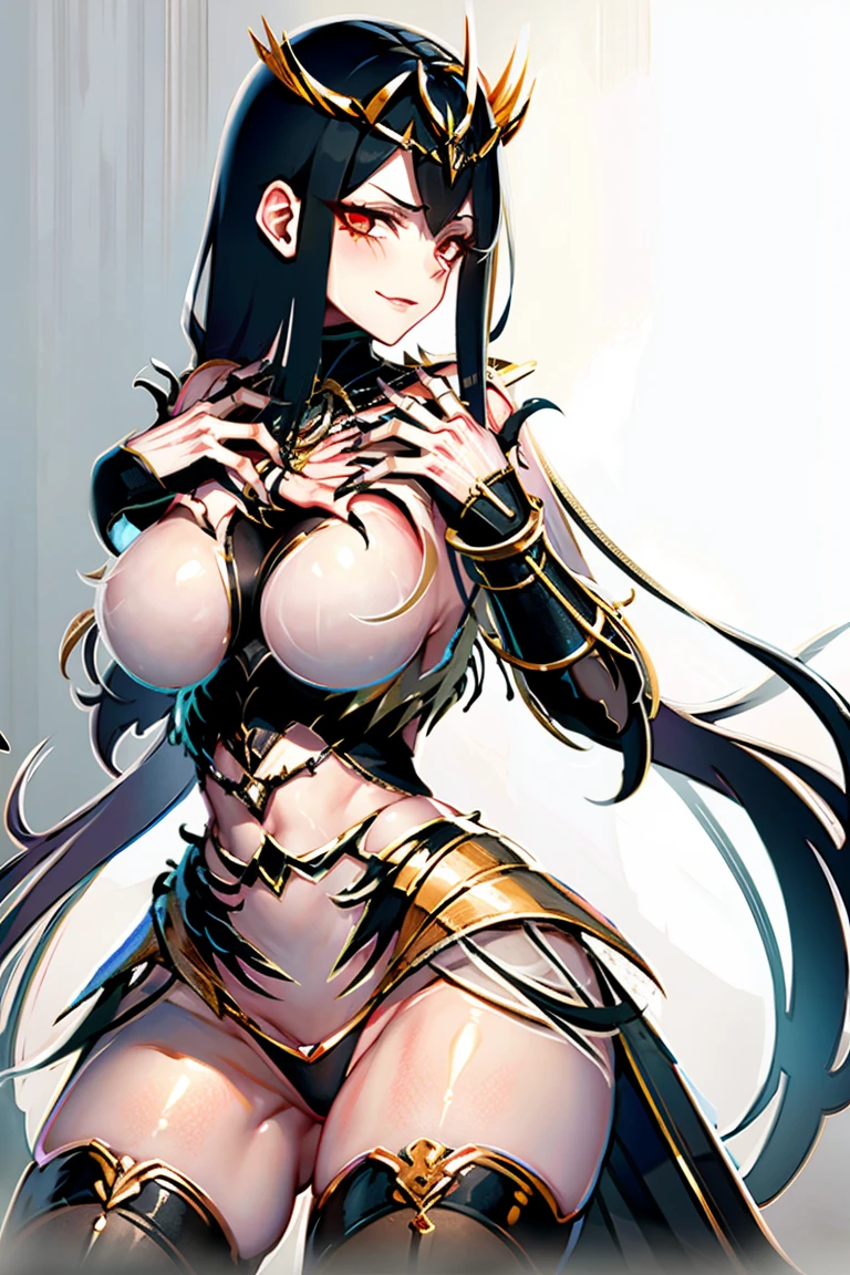 hand on own chest, hands up, black hair, bare shoulder, red eyes, black clothes, very long hair, cleavage, large breasts, dress, showgirl skirt, high-leg, cleavage cutout, tiara, bare thighs, gauntlets, bare shoulder, ((((((((((bare nails, bare fingers, bare hands, good hands, best hands, Correctly aligned fingers, extremely detailed hands and fingers, ultra detailed hands and fingers, super detailed hands and fingers, perfect female hands and fingers, biologically accurate hands and fingers, 4 fingers and 1thumb accurate hands and fingers, beautiful hands and fingers, hands and fingers drawing, human hand and fingers, perfect arrangement of fingers, detail focus hands, perfection hands, better hands)))))))))), adult face, fearless face, both arms, two arms, both hands, two hands, super fine illustration, masterpiece, masterwork, by famous artist, official art, ultra high res, best quality, high quality, Hand, detailed, perfect, perfection , hands, both hands is Thumb and index finger and middle finger and ring finger and little finger, symmetrical hands, even hands, panties, thighhighs,