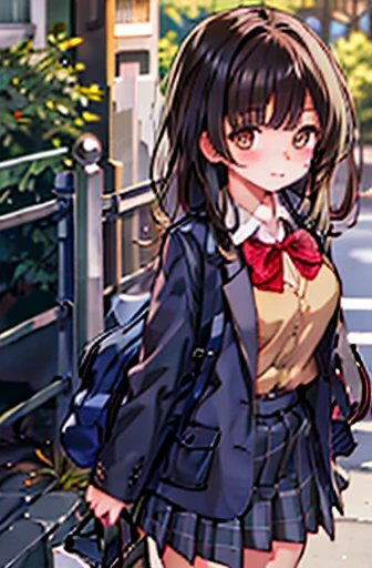 One Girl, alone, school uniform, Long sleeve, Black-haired,Pure,Big eyes,Skirt Grey, blush, (Absurd), (there is nothing), Looking at the audience, A walk in the park, (Ultra High Definition CG Integrated 8K Wallpaper,masterpiece, Best image quality, Very detailed)、Large Breasts、long hair