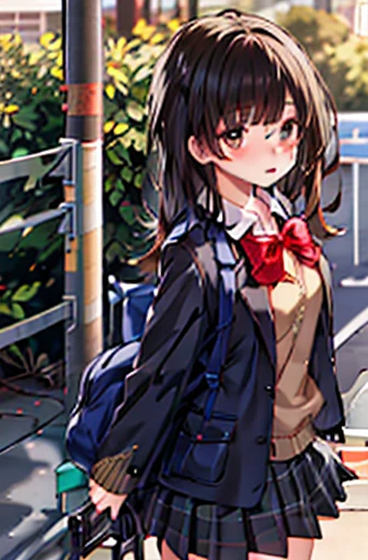 One Girl, alone, school uniform, Long sleeve, Black-haired,Pure,Big eyes,Skirt Grey, blush, (Absurd), (there is nothing), Looking at the audience, A walk in the park, (Ultra High Definition CG Integrated 8K Wallpaper,masterpiece, Best image quality, Very detailed)、Large Breasts、long hair