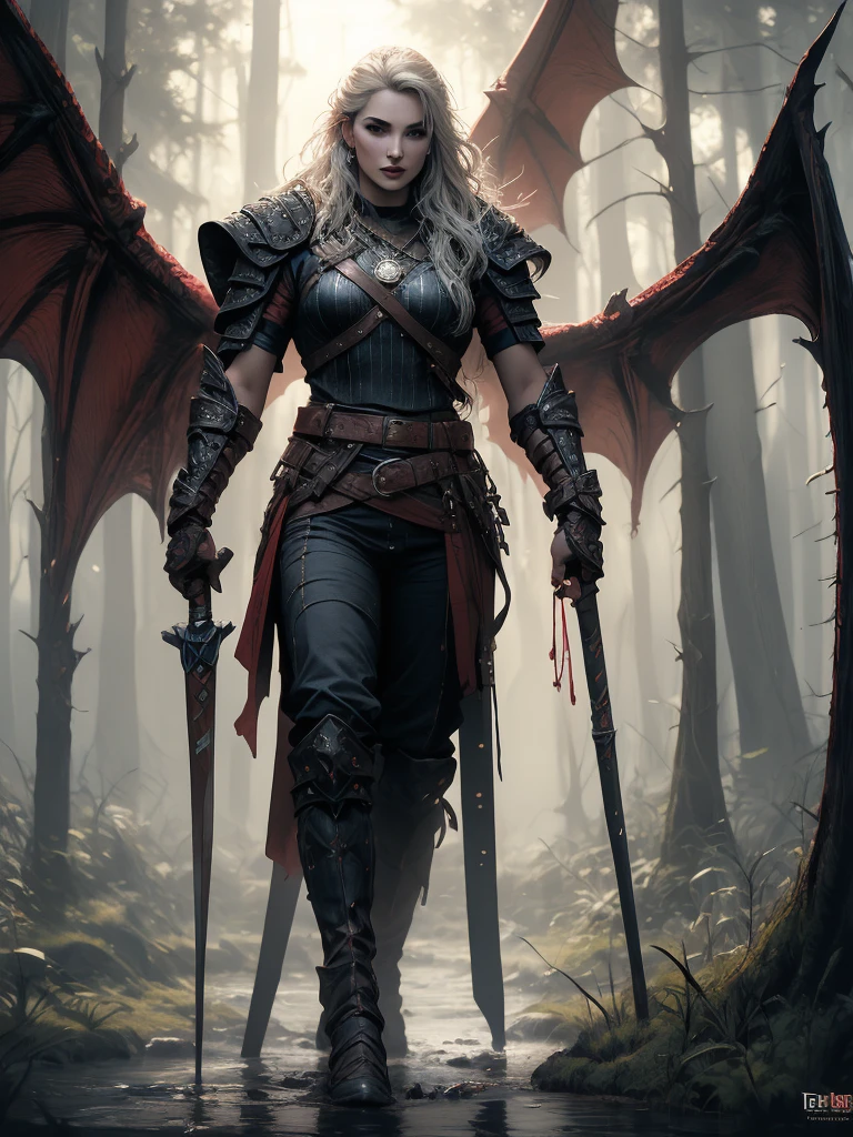 arafed dragon with large wings standing in a forest by a stream, dark fantasy concept art, dark fantasy artwork, dark fantasy art, in style of dark fantasy art, dark fantasy style art, 4k fantasy art, photorealistic dark concept art, dark fantasy horror art, the witcher concept art, dark fantasy illustration, dark cinematic concept art, epic fantasy artwork