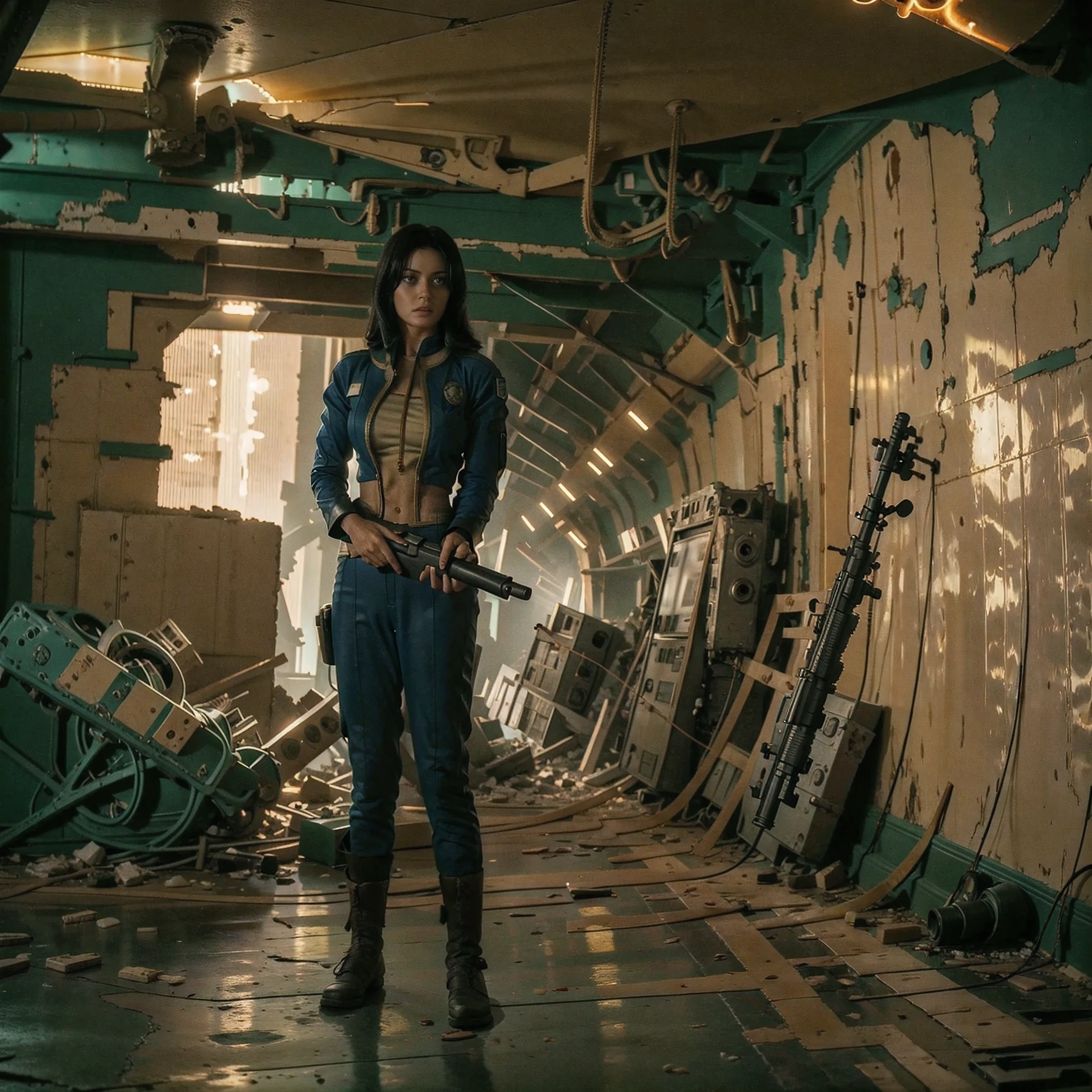 (One person). Fallout TV series. Inside a dimly lit large wreaked smoky room in a post-apocalyptic (casino) in Las Vegas. Vaultsuit Lucy, a 32 year-old vault dweller wearing a blue and gold vaultsuit unzipped top with bloodstains on the t-shirt underneath, her black hair disheveled, with a large ((gun)) in her hand, standing ready to defend herself.  Dark room with smoke and small fires in the rubble. Menacing shadows. Dramatic. Cinematic. realistic colors, realistic, photo-realistic. 