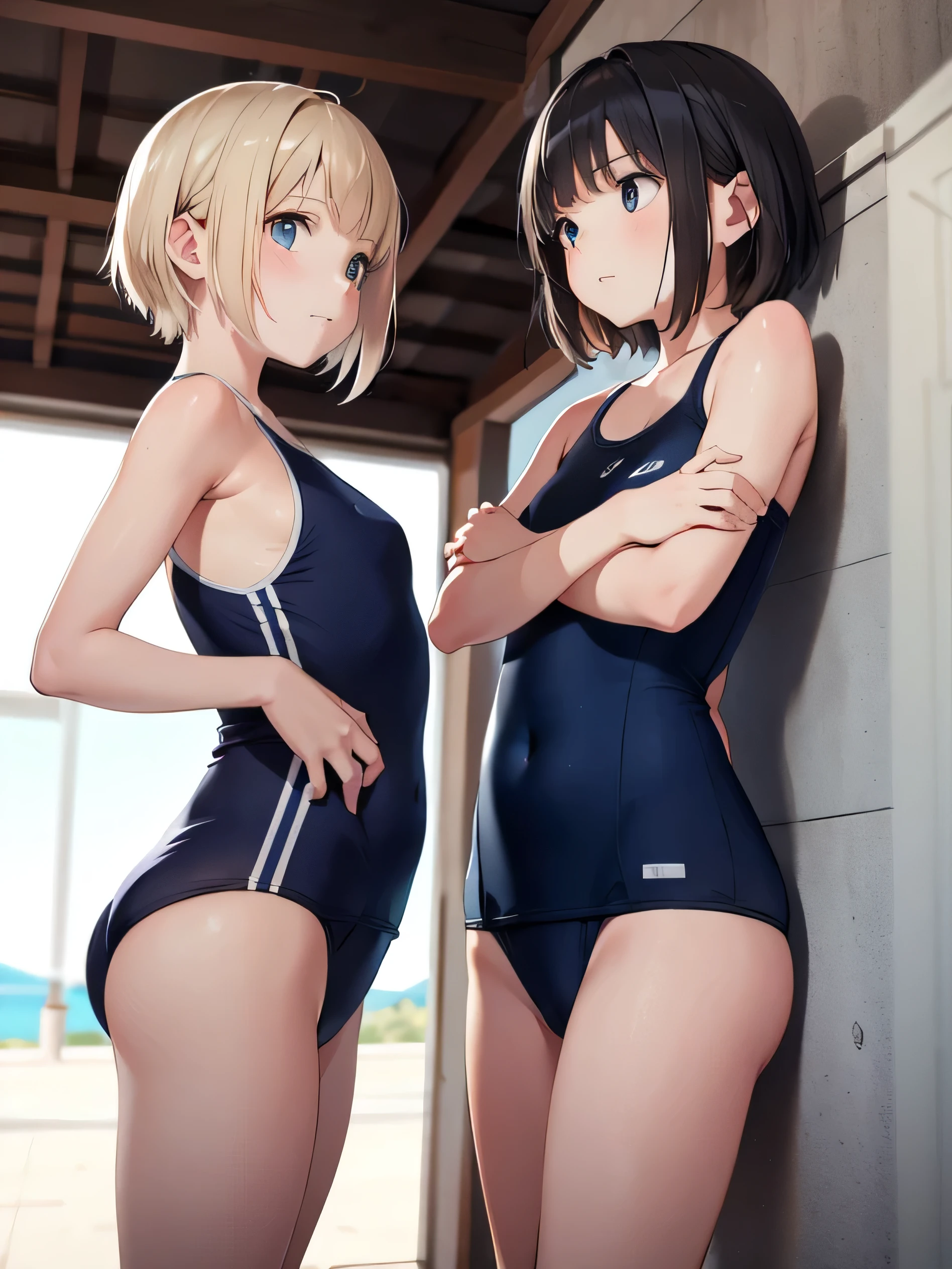 2The girls face each other, face shame, Short hair, surreal, 4K, professional photos, , HDR, detailed face, school swimsuit (full coverage swimsuit), masterpiece, (light), beautiful background, realistic background, realistic photo