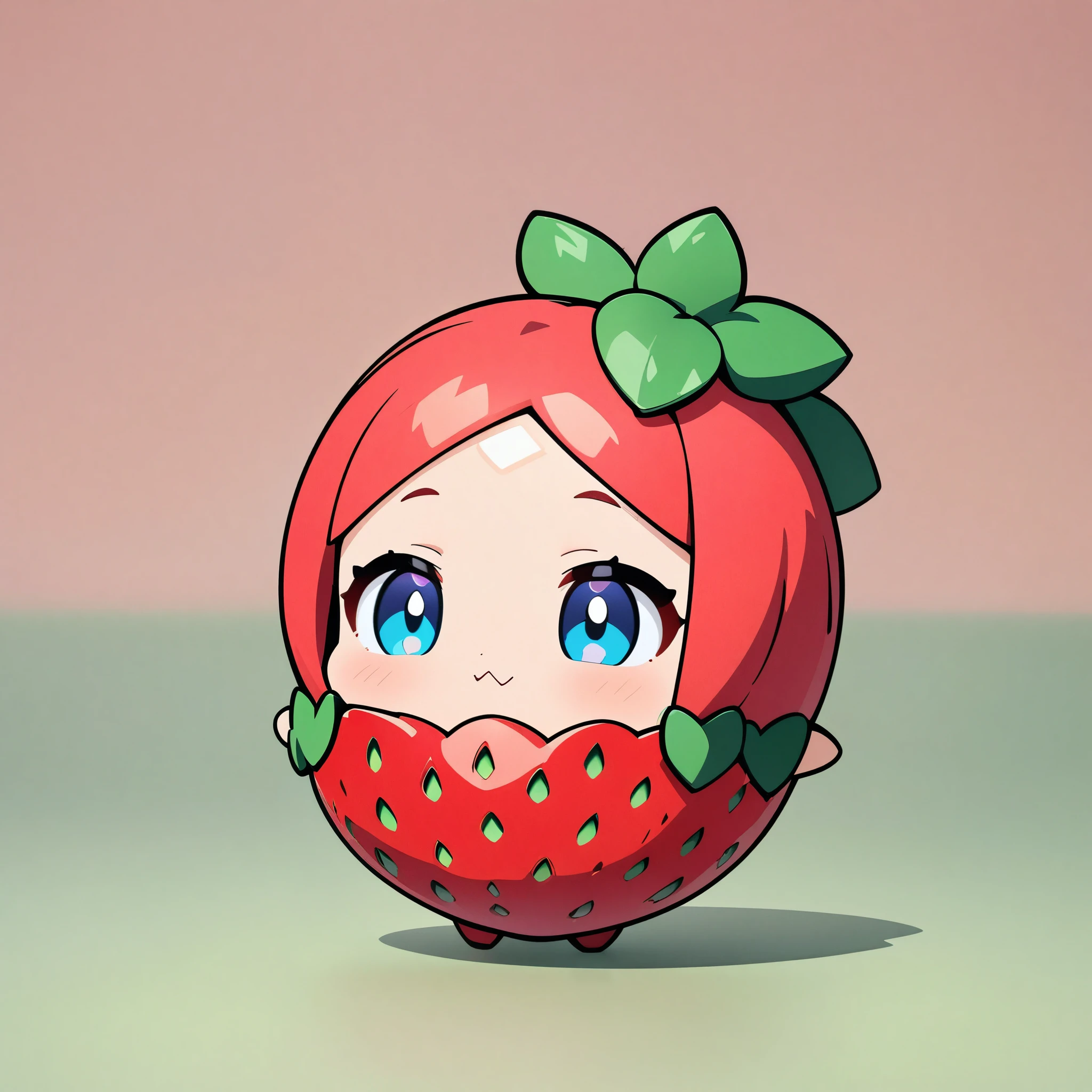 (Anime Style:1.2, masterpiece:1.2), Chibi Character, Girl in strawberry dress, Cute strawberry character, Deformation, Solid color background:1.1, Fancy Art.