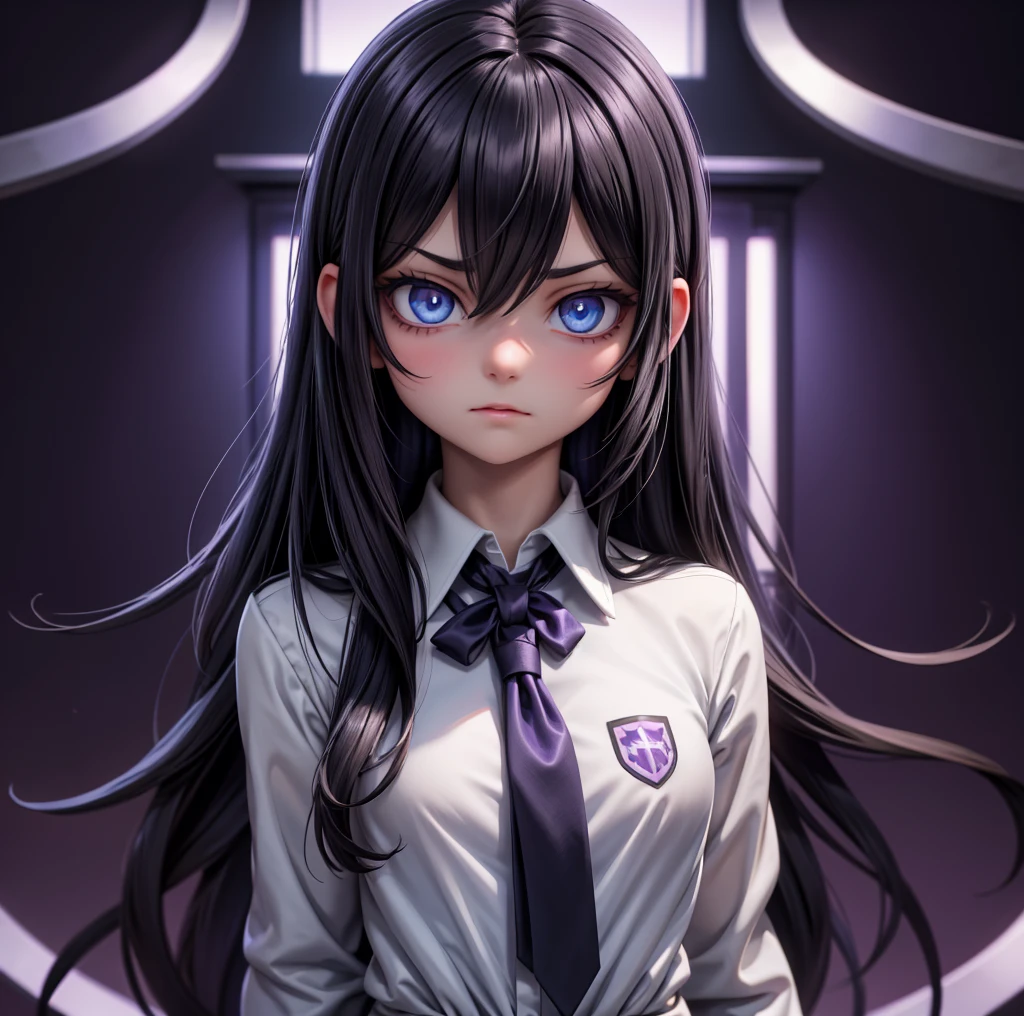 8k, high resoultion, an evil looking intiminating girl with blue eyes and long dark hair and a small chest, dark school atmosphere, dark colours, purple-black shaded, detailed eyes, smooth skin, school uniform, close up with full upper body in frame, school background