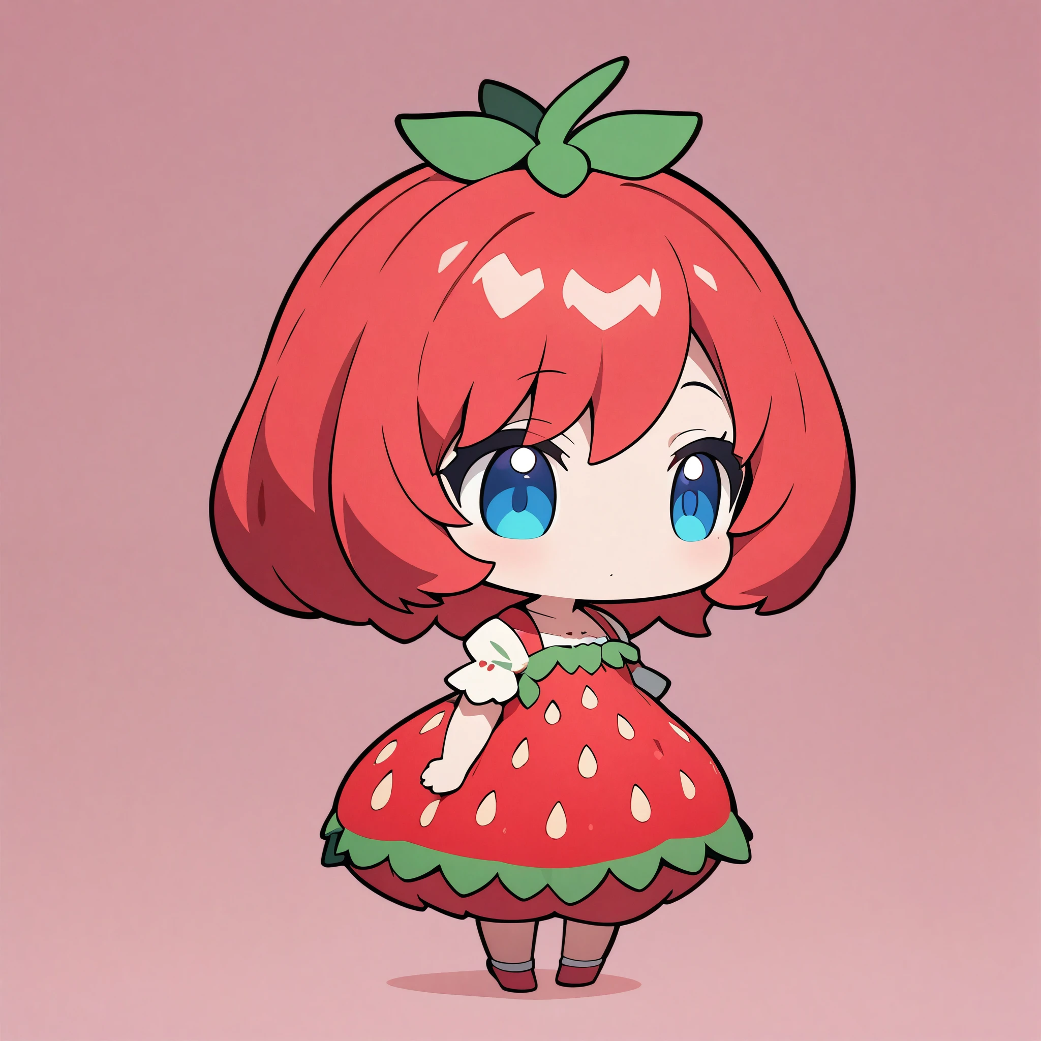 (Anime Style:1.2, masterpiece:1.2), Chibi Character, Girl in strawberry dress, Cute strawberry character, Deformation, Solid color background:1.1, Fancy Art.