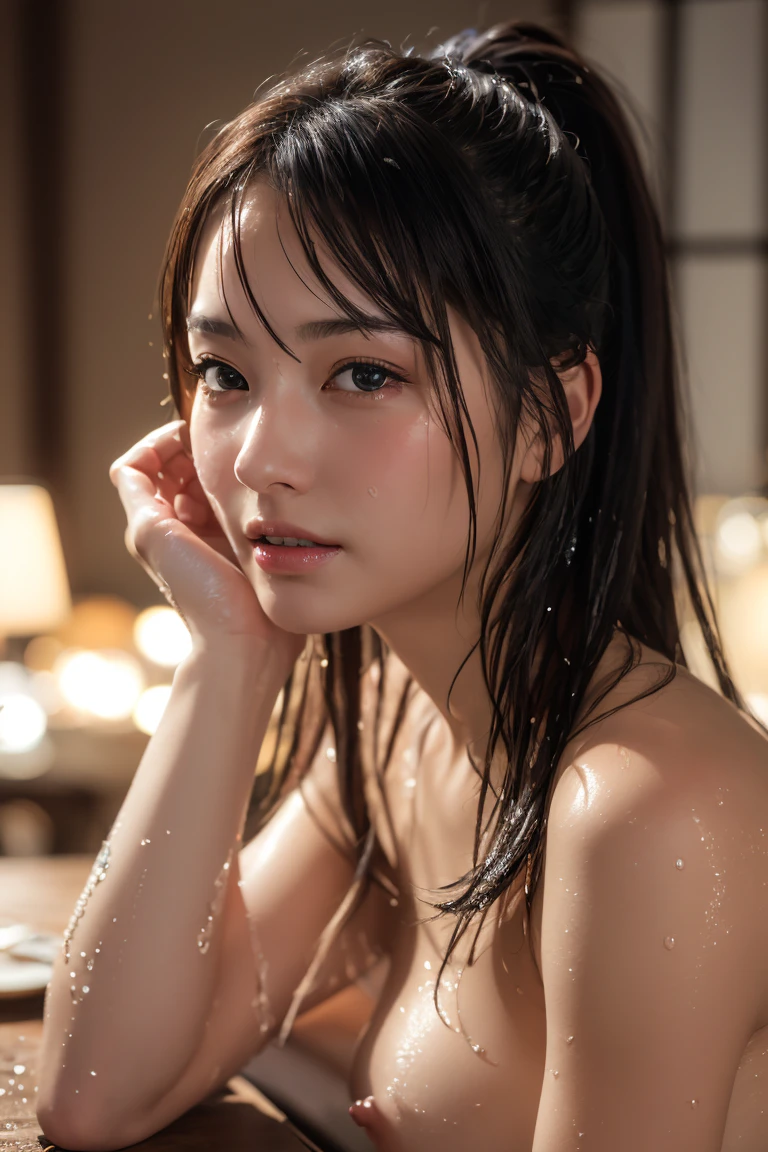 (Tabletop:1.3), (8k, Realistic, RAW Photos, Highest quality: 1.4), Japanese, (One Girl), Beautiful Face, (Realistic face), (Black Hair), Beautiful hairstyle, Realistic eyes, Beautiful attention to detail, (Realistic skin), Beautiful Skin, charm, 超High resolution, 超Realisticな, Very detailed, Golden Ratio,. (3. gill:1.5), (Sony Alpha 1, 50.1 megapixel full-frame CMOS sensor, 8k video recording function), (Telescope Lens), (Realistic),(8k, 超High resolution, Highest quality, Tabletop:1.2),Very detailedな,Beautifully detailed face, Complete Anatomy,(Beautiful attention to detail:1.3),smile,Very delicate and beautiful, Very detailed, Hmph, Unity, 8k Wallpaper, wonderful, In detail, Very detailedな, High resolution, Very detailed, Very detailed目と顔,Wet, ((luxury:1.1))oh,((All Nude:1.1)), [ponytail],(Cleavage.3),Nipples