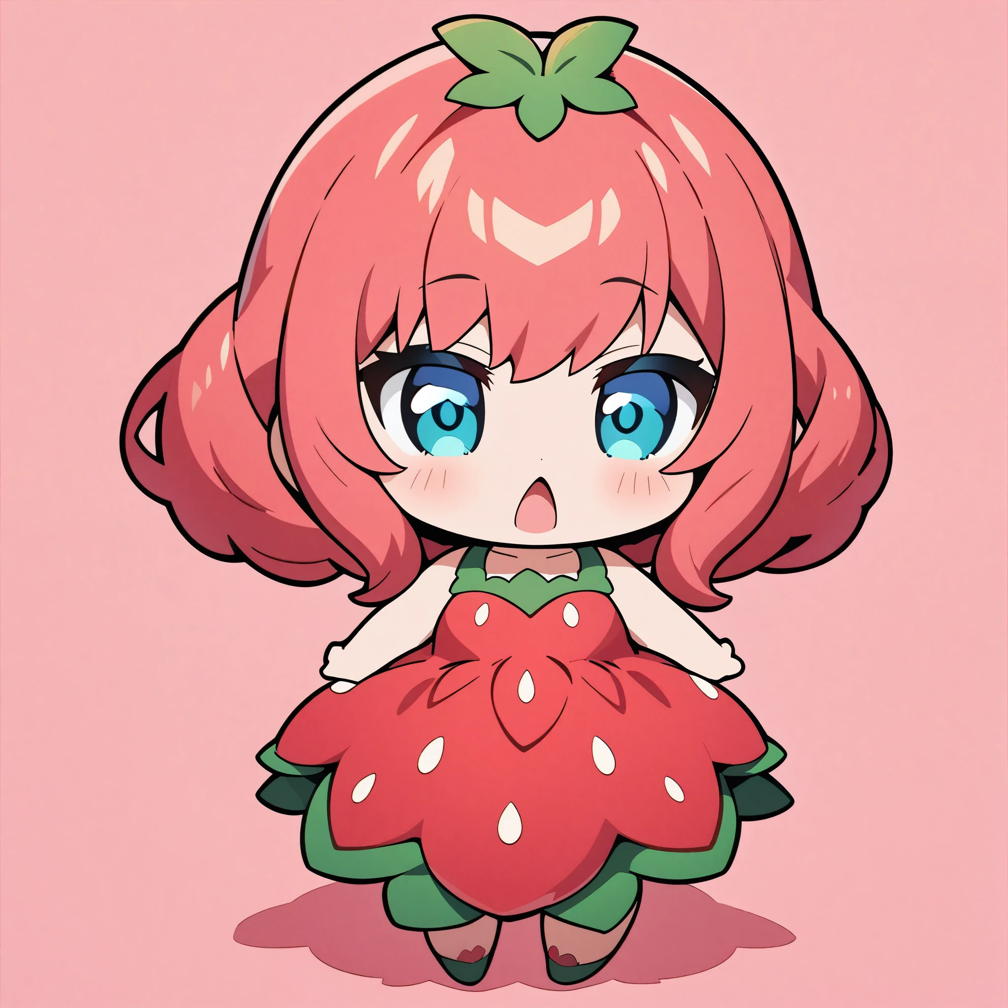 (Anime Style:1.2, masterpiece:1.2), Chibi Character, Girl in strawberry dress, Cute strawberry character, Deformation, Solid color background:1.1, Fancy Art.