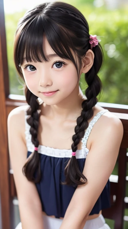 8k、cute、Adult Girls、detailed、Braid your hair in an intricate way、Twin tails、Looking into the camera、whole body、Swimwear