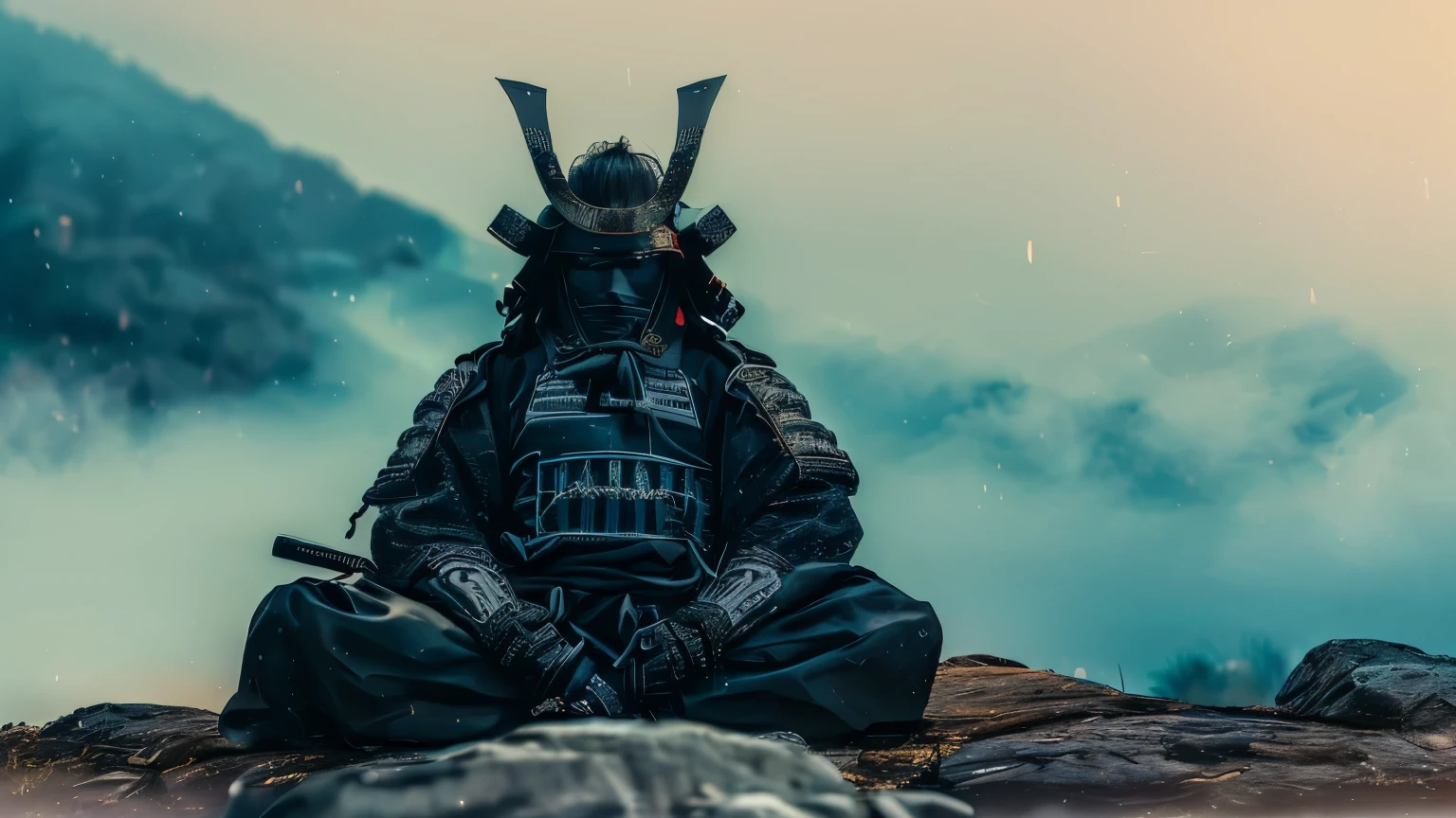 there is a man dressed as a samurai sitting on a rock, samurai style, zen meditation