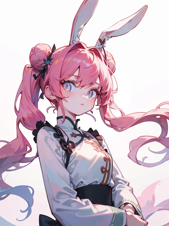 Best image quality, masterpiece level, Ultra-high resolution, realism, fantasy theme, arms, facial details, A girl with bunny ears, single, Bun with bunny ear hair accessories, fairy tale theme, Upper Body, Chinese architecture, flame, Get detailed outdoor lighting and cinematic lighting, Add detailed overall ambient lighting, Face and eye details, Improve the realism of body details, sharp focus, Expressionless, White clothes, Burgundy hair, Bright Eyes, Simple background, Bunny ears protruding